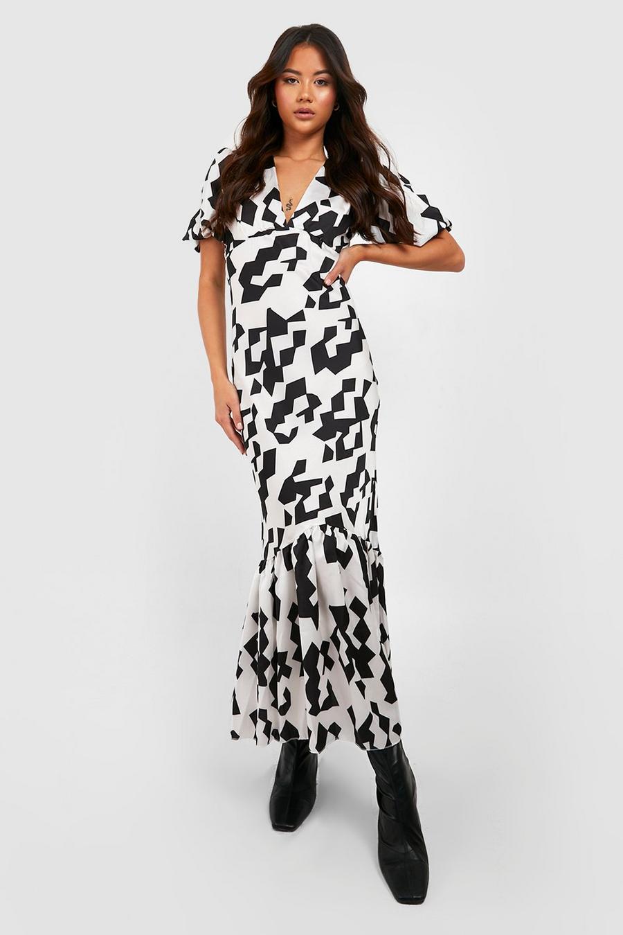 Black Abstract Puff Sleeve Drop Hem Midi Dress