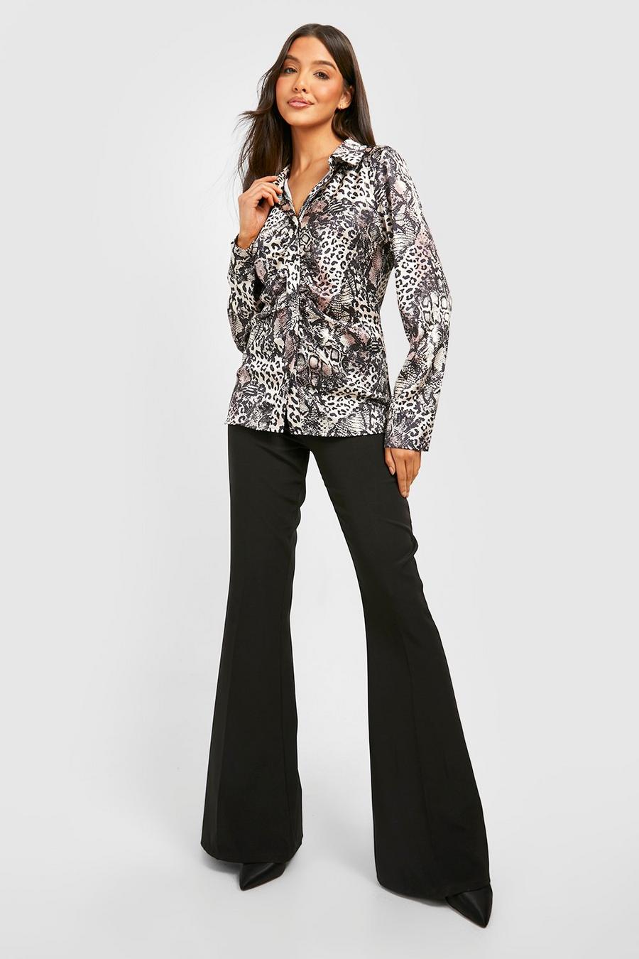 Stone Satin Snake Print Ruched Front Fitted Shirt