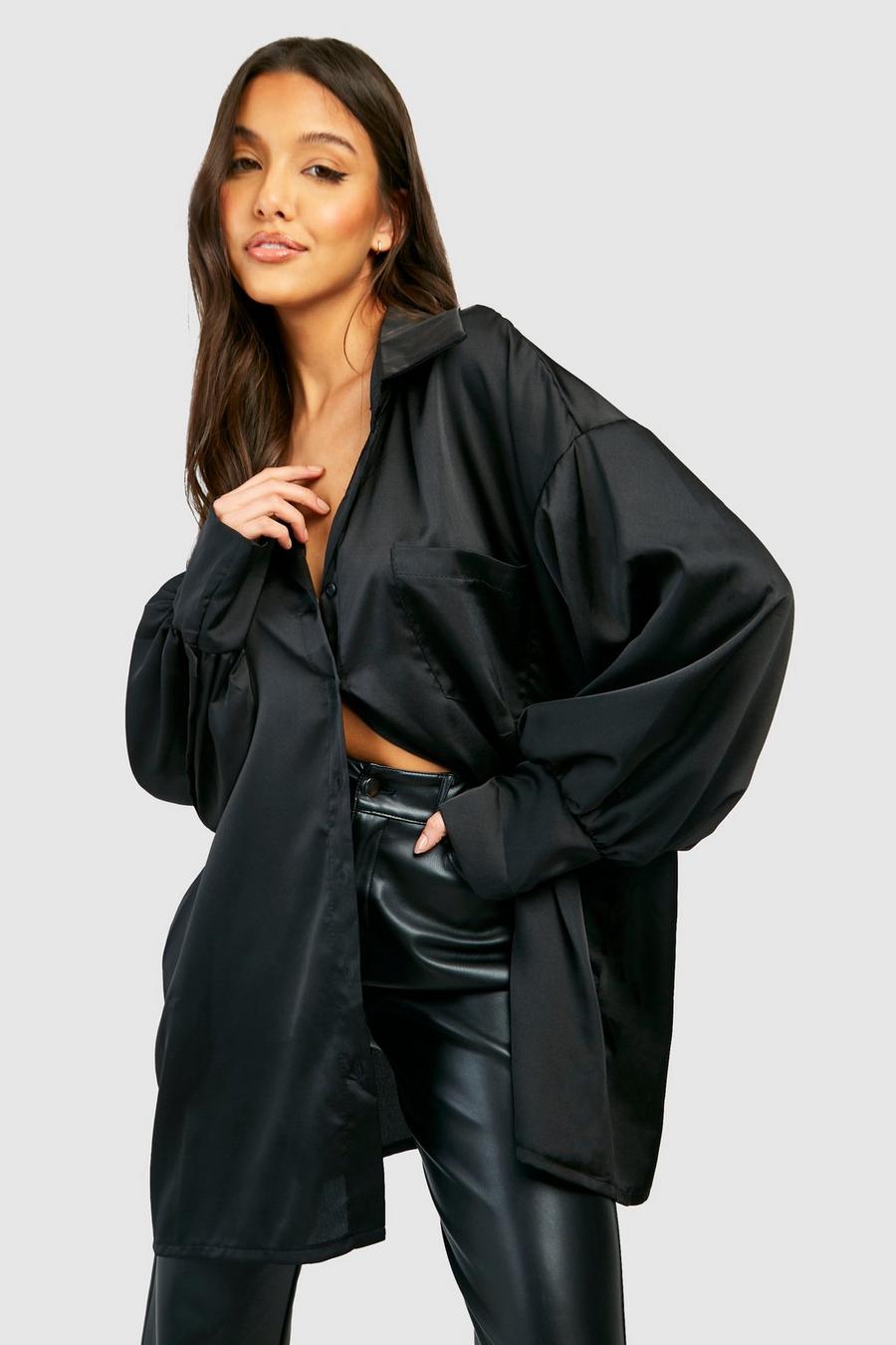 Black Satin Longline Relaxed Fit Shirt 