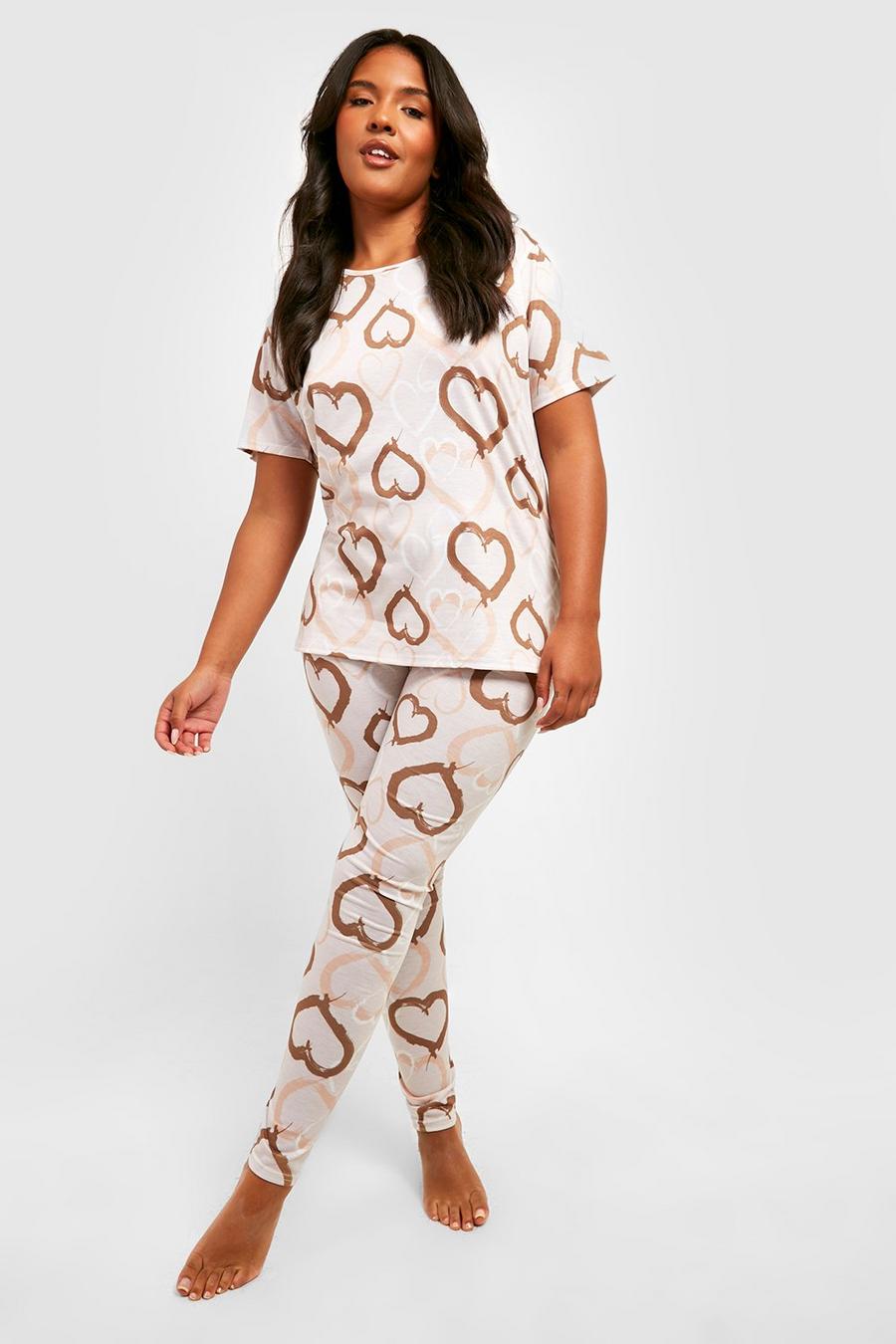 Pijama Plus con leggings y estampado de corazones, Stone