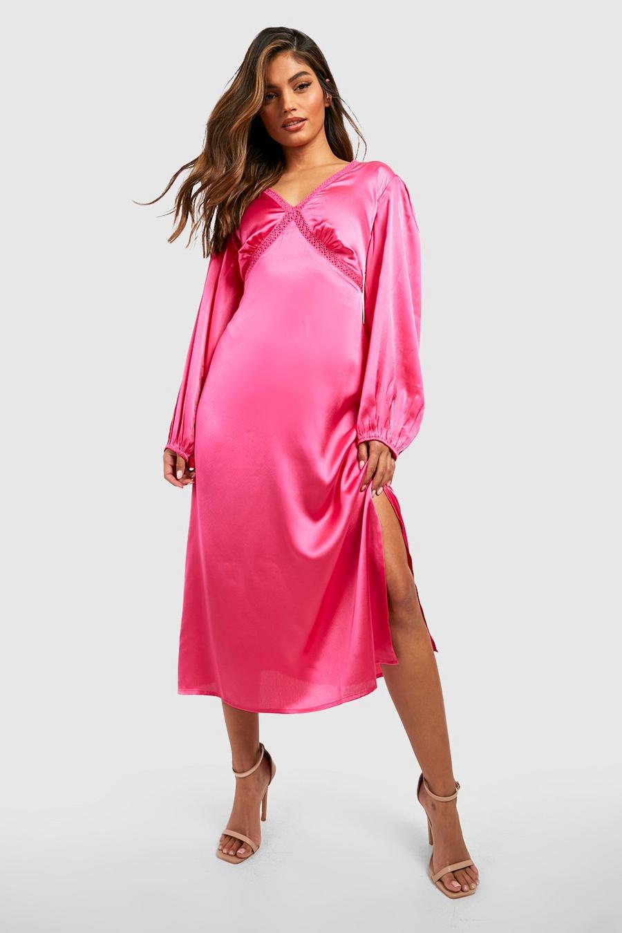 Hot pink Satin Long Sleeve Midi Dress