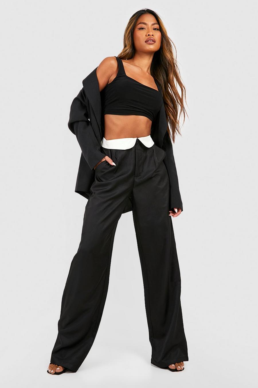 Black Waistband Detail Relaxed Woven Tailored Pants