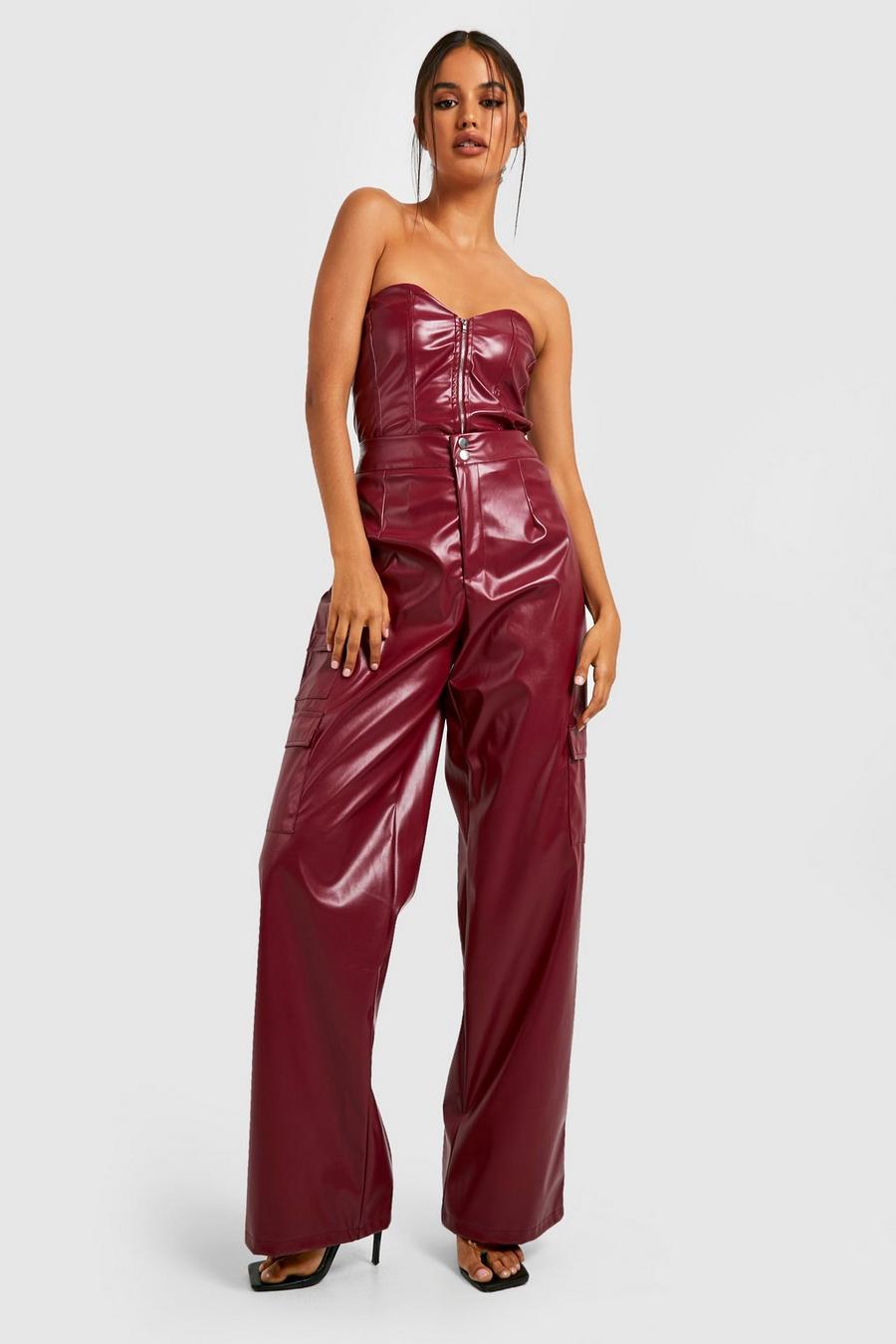 Plum Leather Look Wide Leg Cargo Trousers