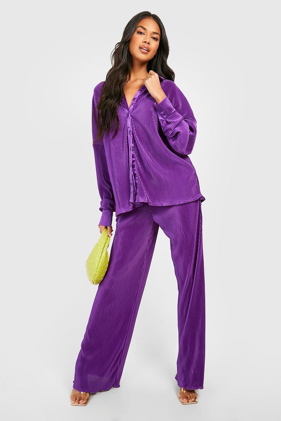 Purple Premium Plisse Flared Hem Trousers