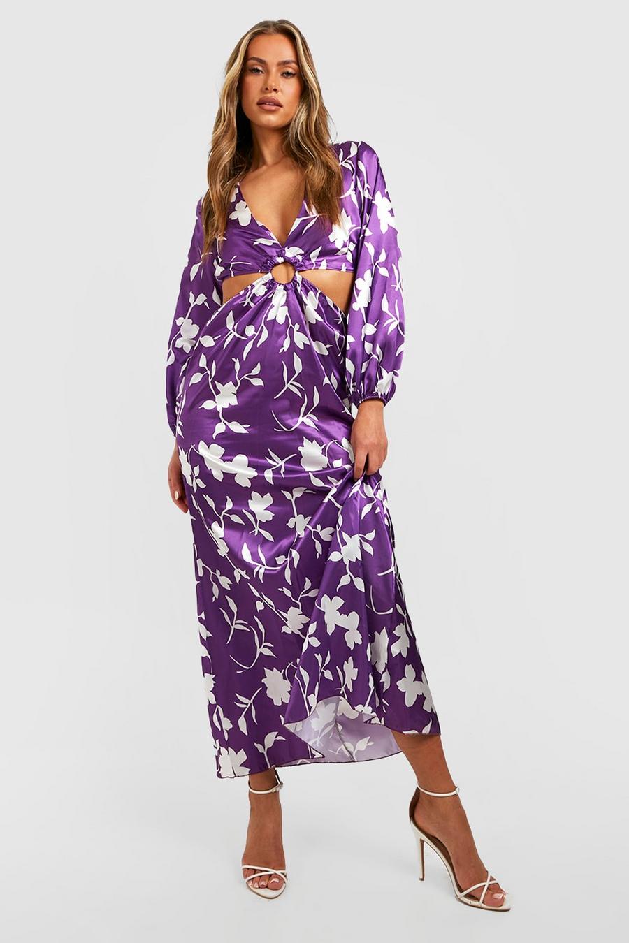 Vestito maxi a fiori con cut-out, Jewel purple