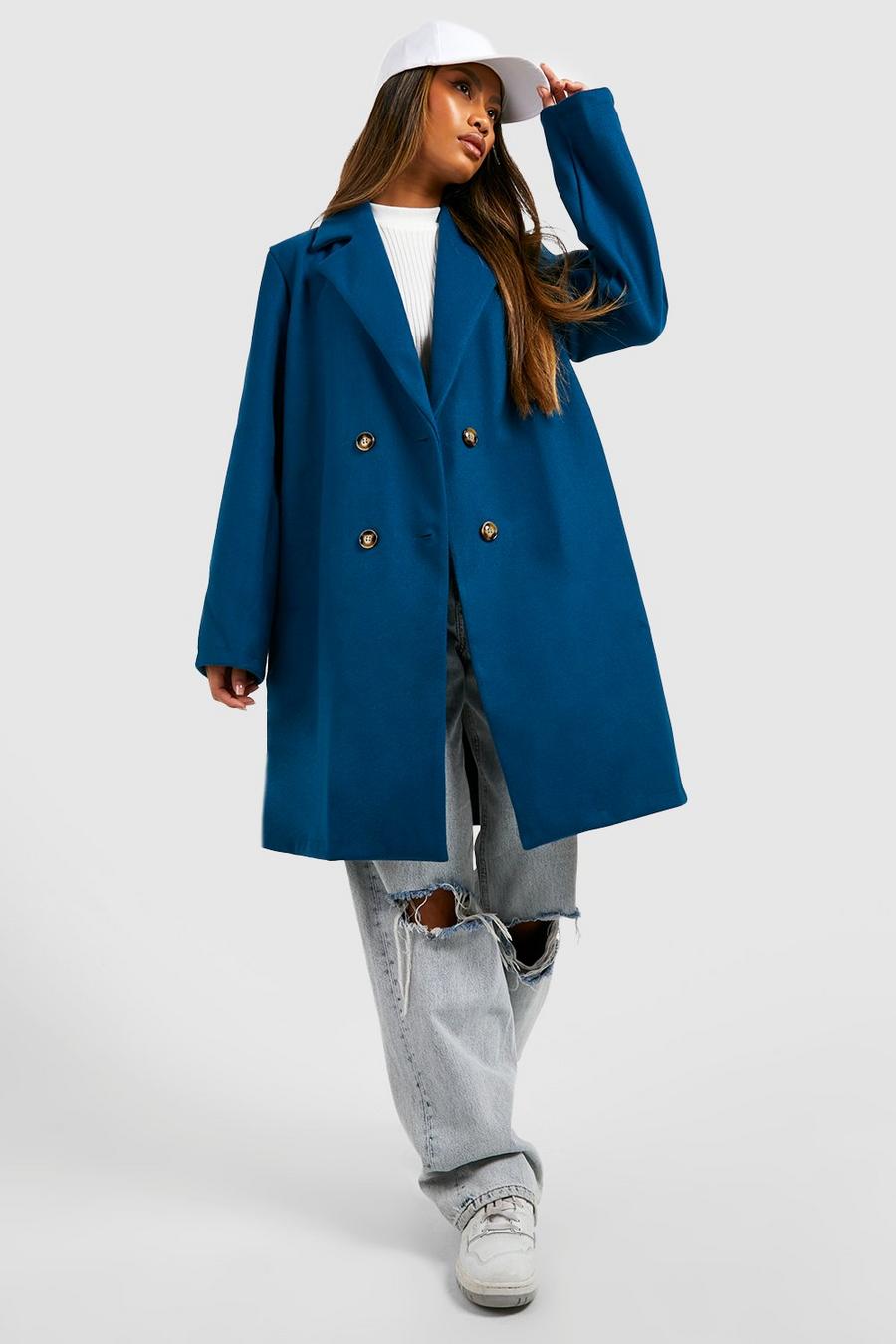 Zweireihiger Mantel mit Wolloptik, Navy