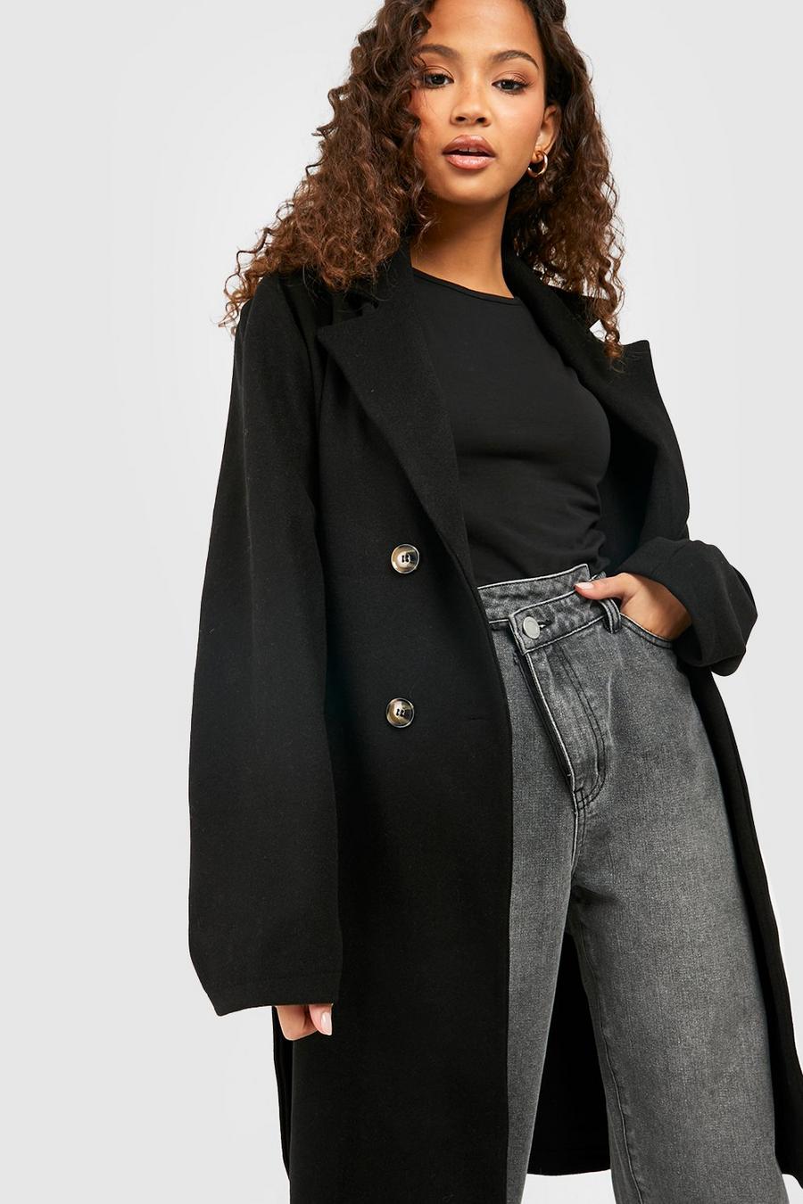 Black Belted Double Breasted Wool Look Coat