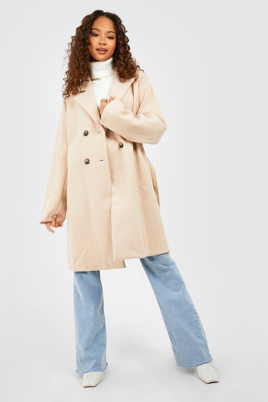 Stone Belted Double Breasted Wool Look Coat