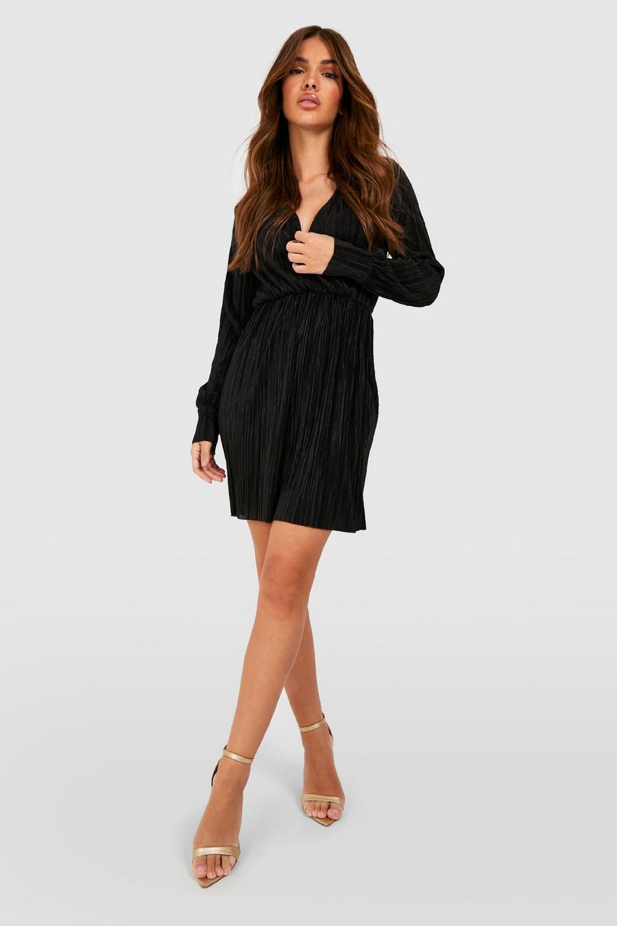 Black Plisse Wrap Skater Dress