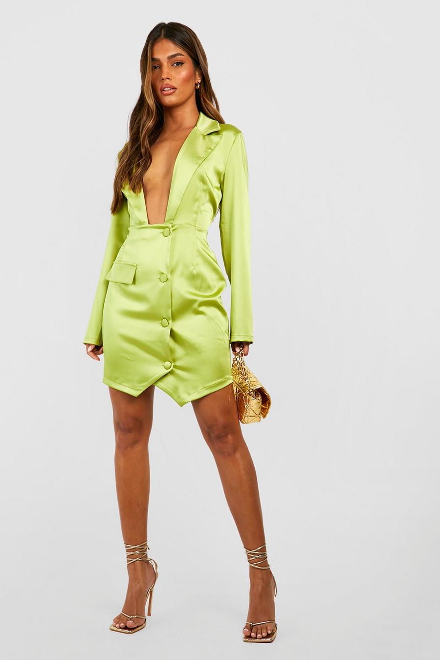 Chartreuse Premium Satin Plunge Front Blazer Dress