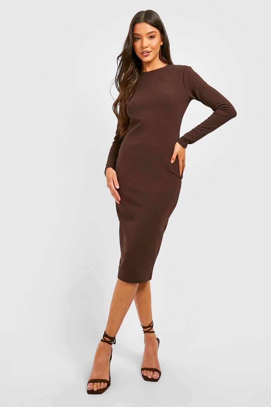 Vestito midi Basic a maniche lunghe in crêpe, Chocolate