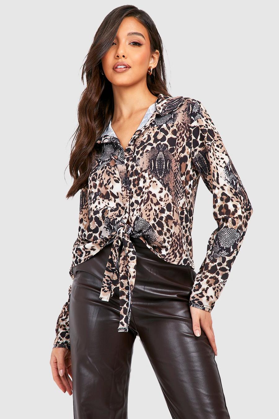 Mixed Animal Print Tie Waist Woven Blouse image number 1