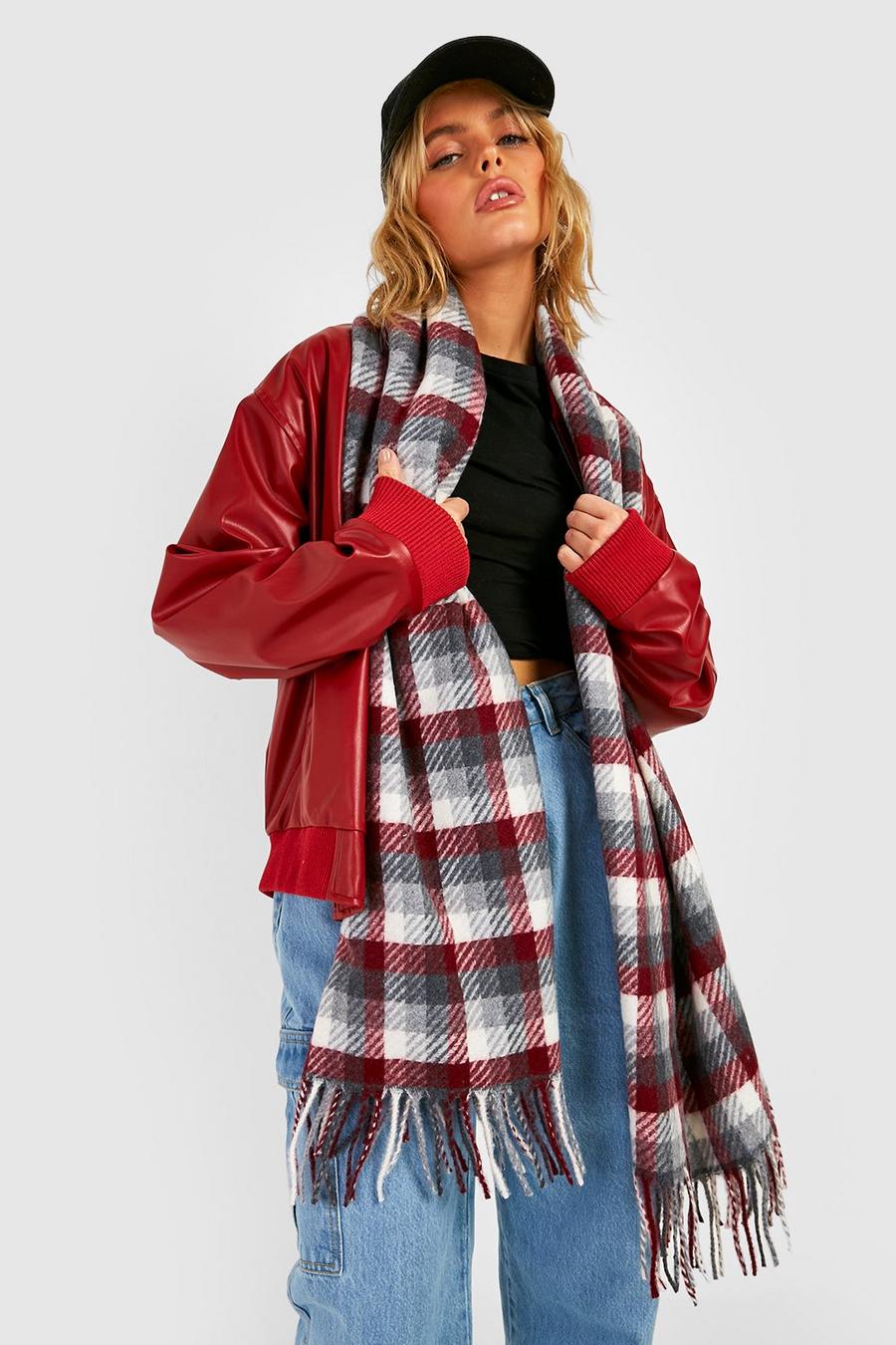 Chunky Red Checked Tassel Scarf