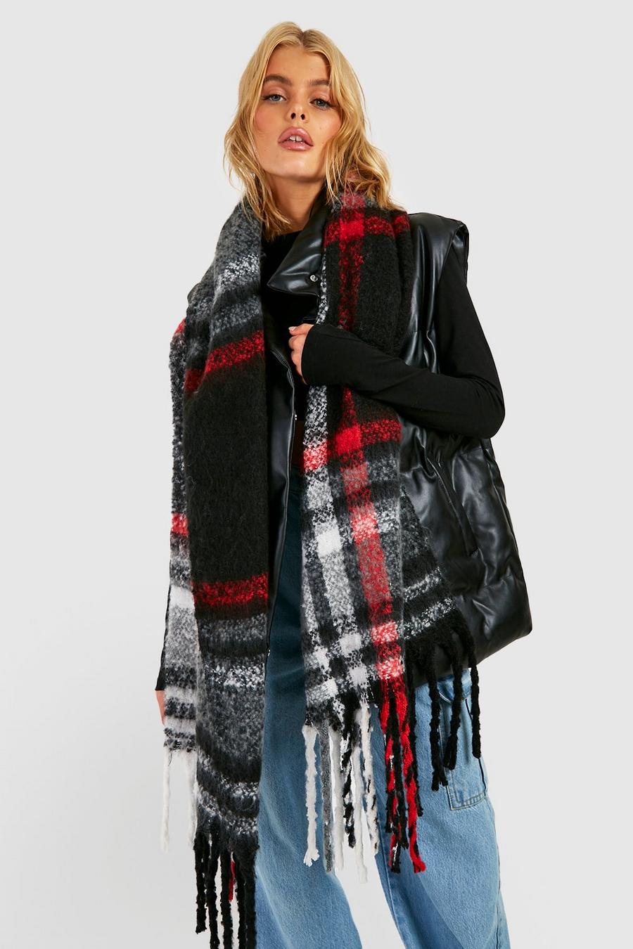 Multi Chunky Black & Red Checked Tassel Scarf image number 1