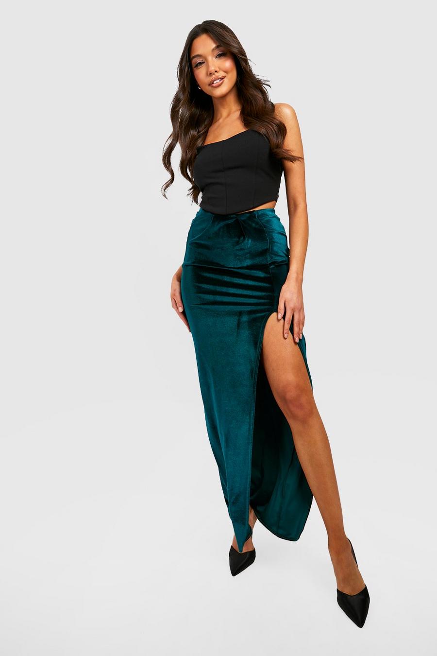 Emerald Velvet Knotted High Split Maxi Skirt