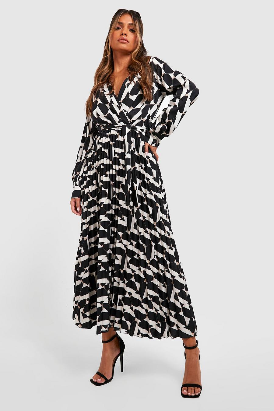Black Abstract Print Pleated Midaxi Skater Dress