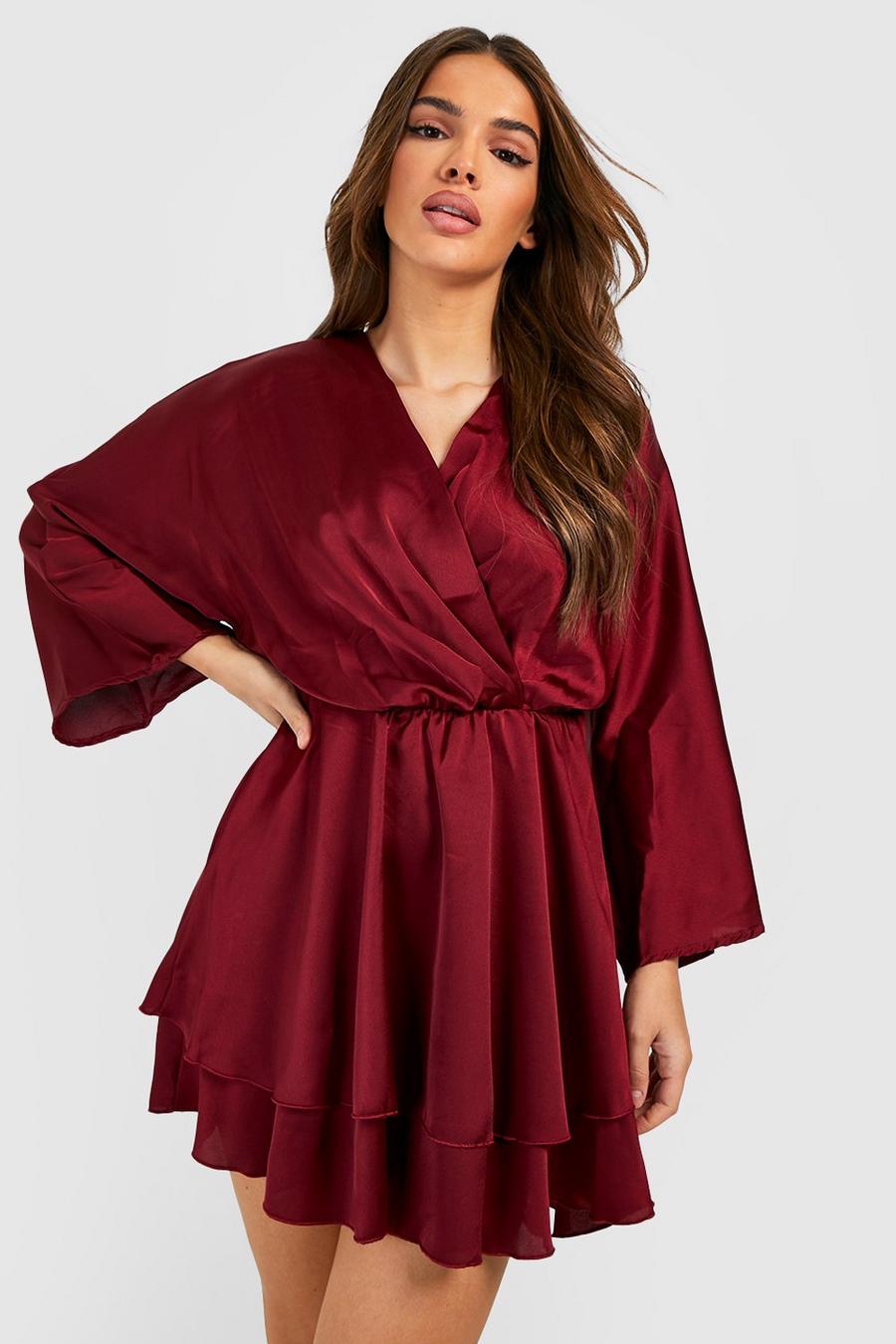 Berry Satin Batwing Tiered Skater Dress