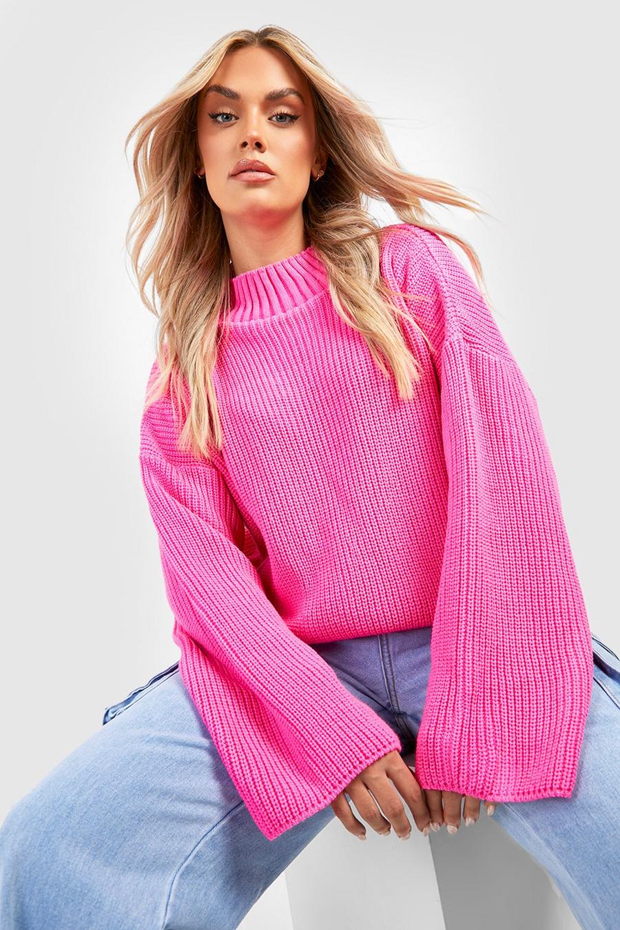 Hot pink Plus Knitted Funnel Neck Jumper 