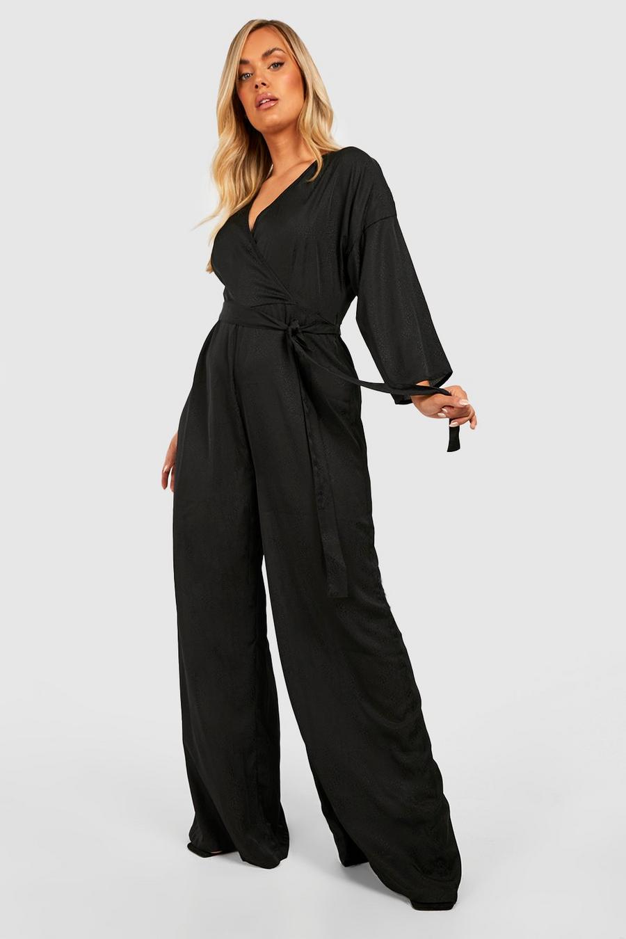 Black Plus Leopard Jacquard Satin Tie Front Wide Leg Jumpsuit