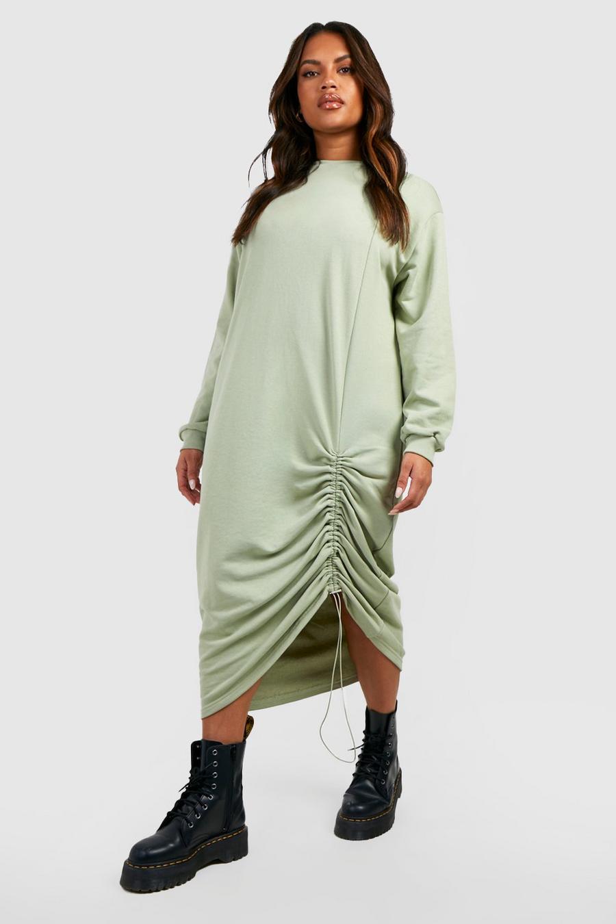 Plus Oversize Midi-Pulloverkleid mit seitlicher Raffung, Khaki