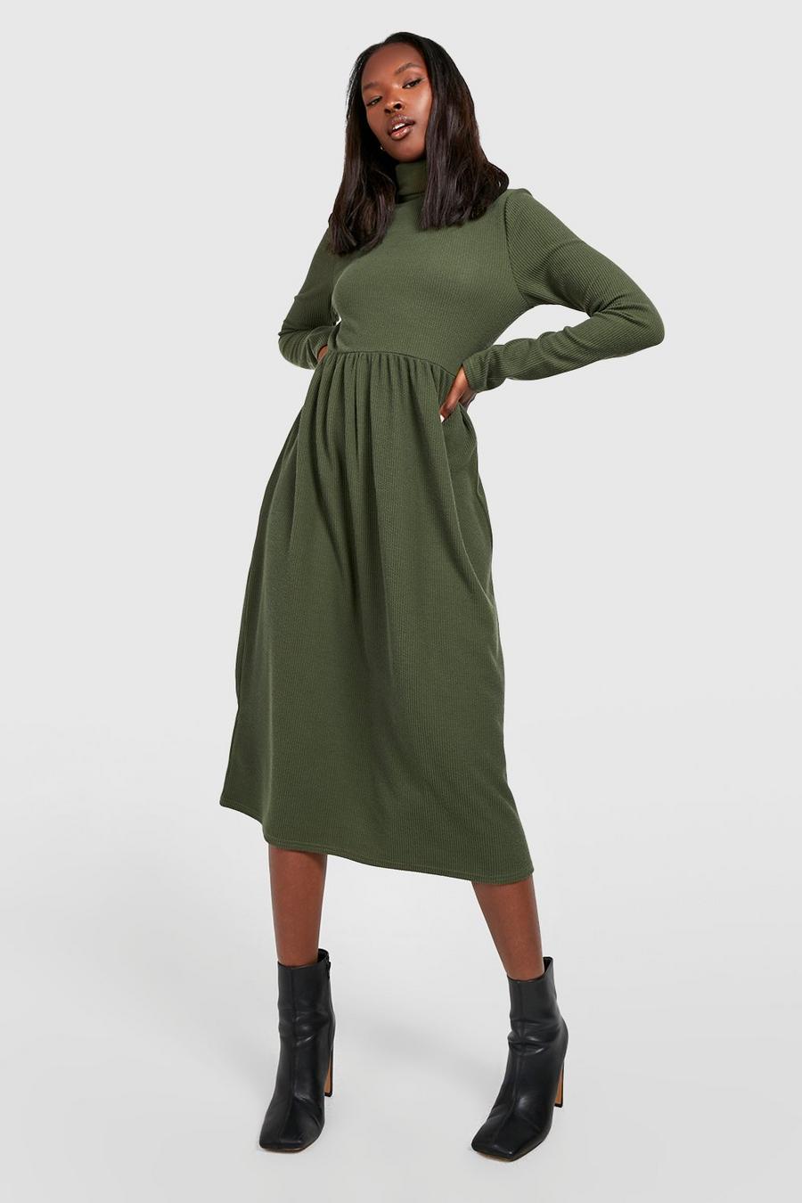 Khaki Crinkle Rib Turtleneck Midi Dress