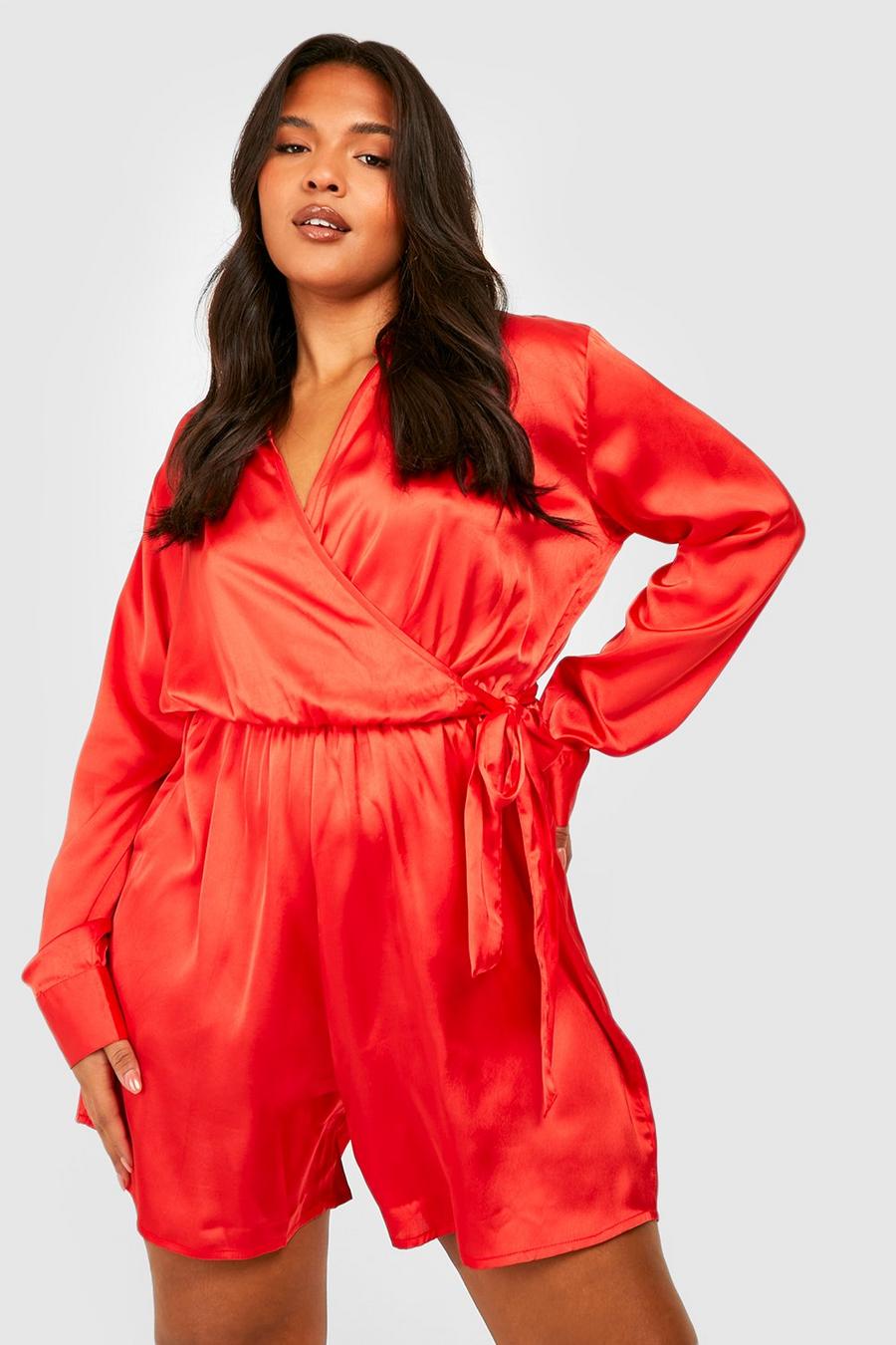 Red The Plus Satin Wrap Playsuit image number 1
