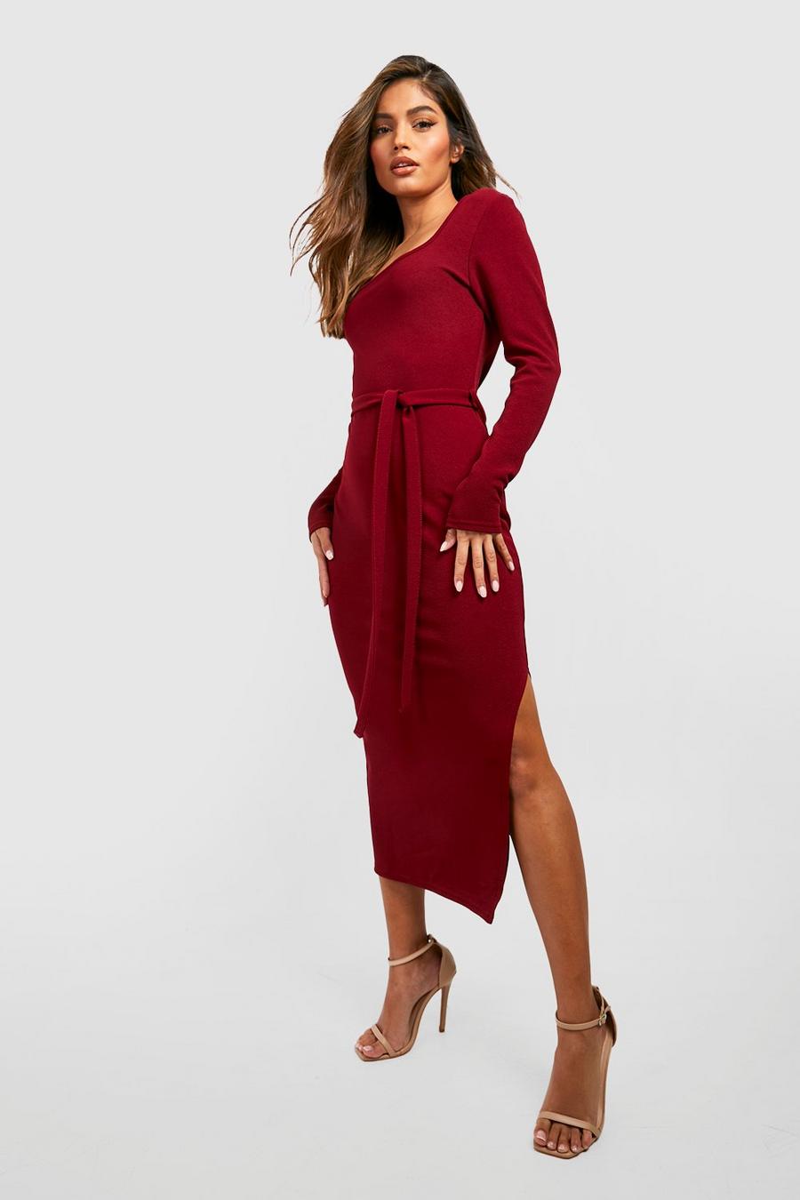 Berry Square Neck Belted Midi Dress