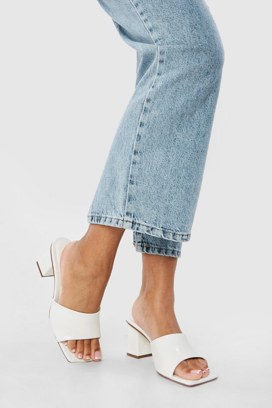 White Wide Fit Croc Low Block Heeled Mules