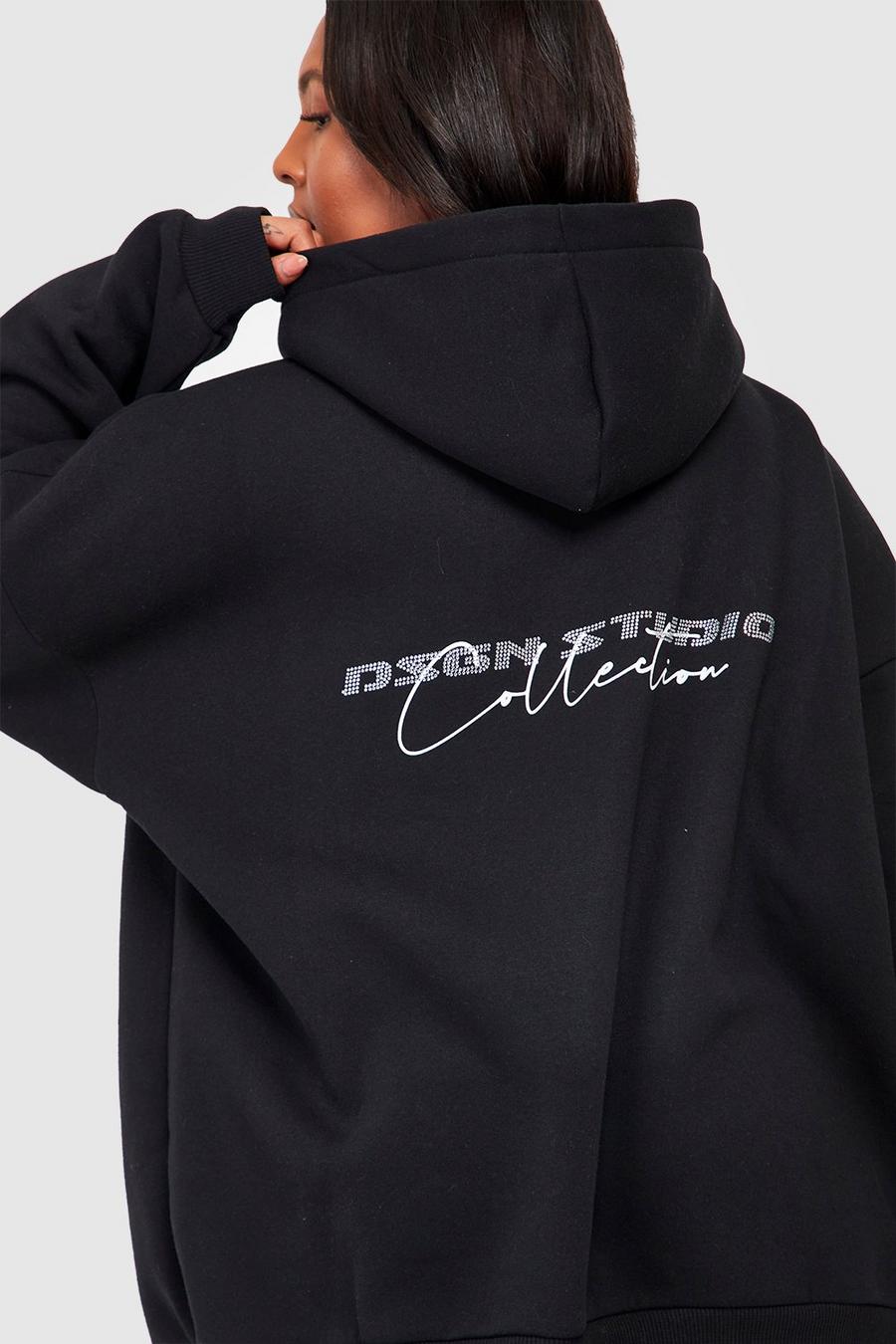 Black Plus Rhinestone Script Slogan Oversized Hoodie