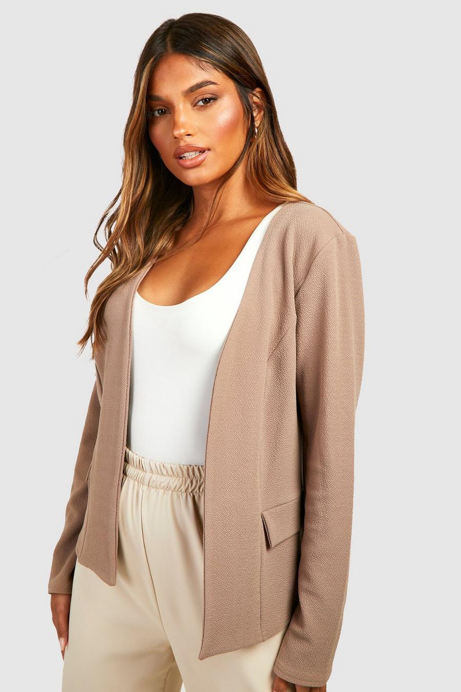 Camel Basic Jersey Collarless Fitted Blazer