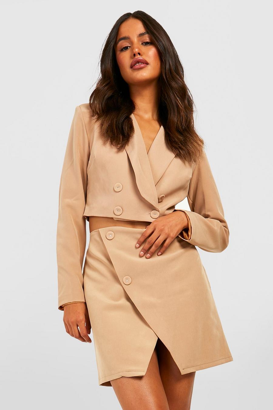 Camel Tailored Double Breasted Cropped Blazer