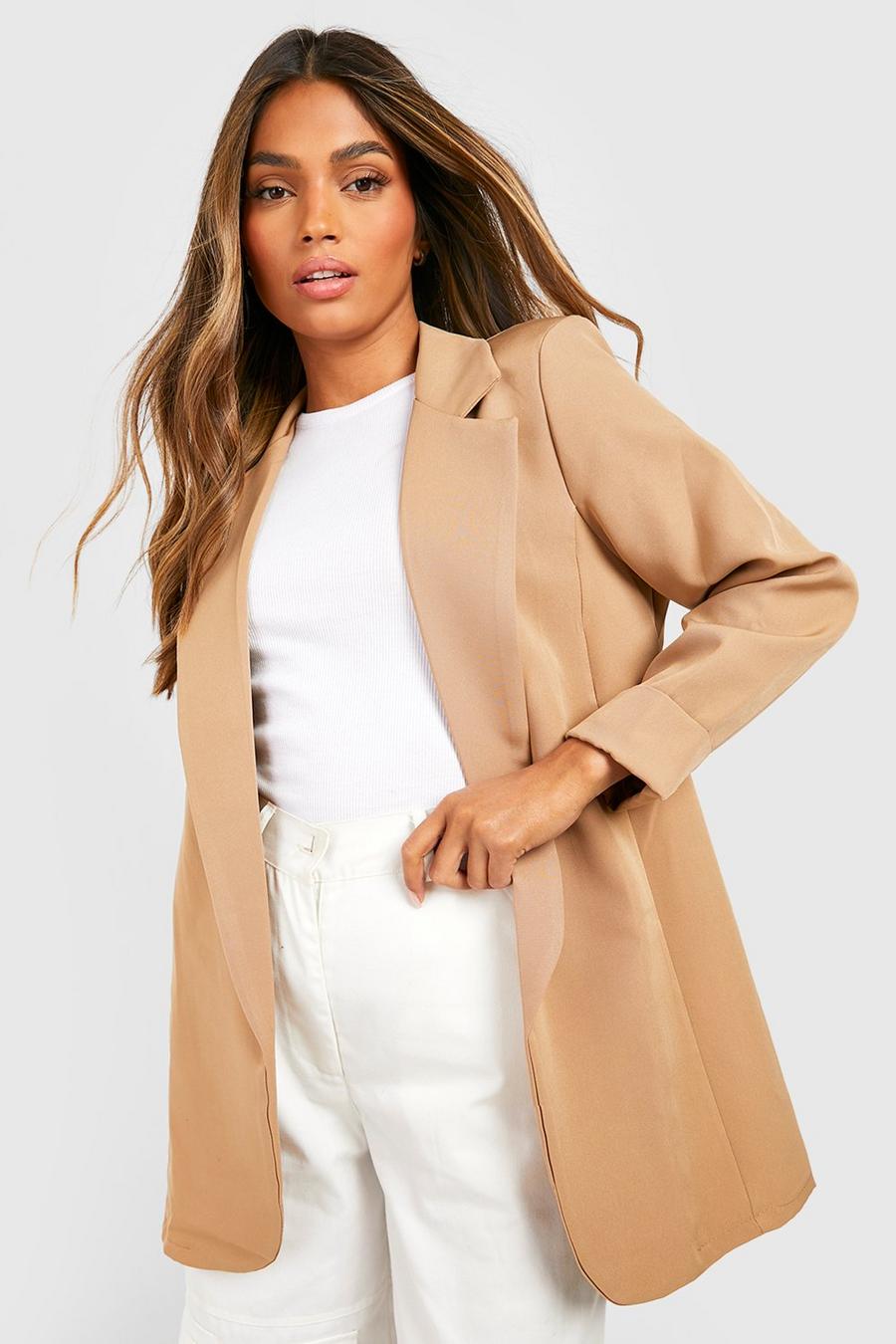 Camel Basic Woven Turn Cuff Relaxed Fit Blazer