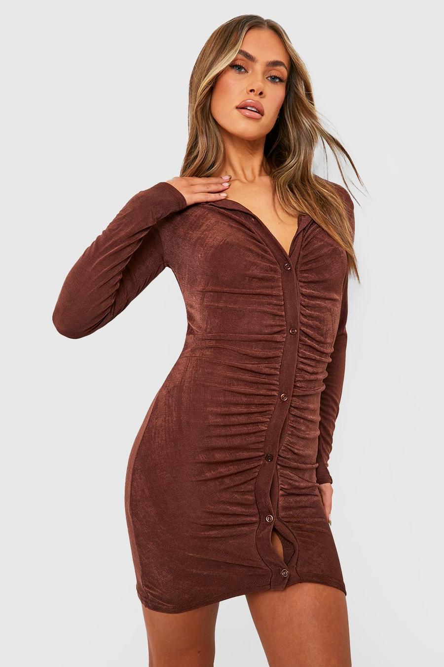 Chocolate Acetate Slinky Ruched Button Through Mini Dress