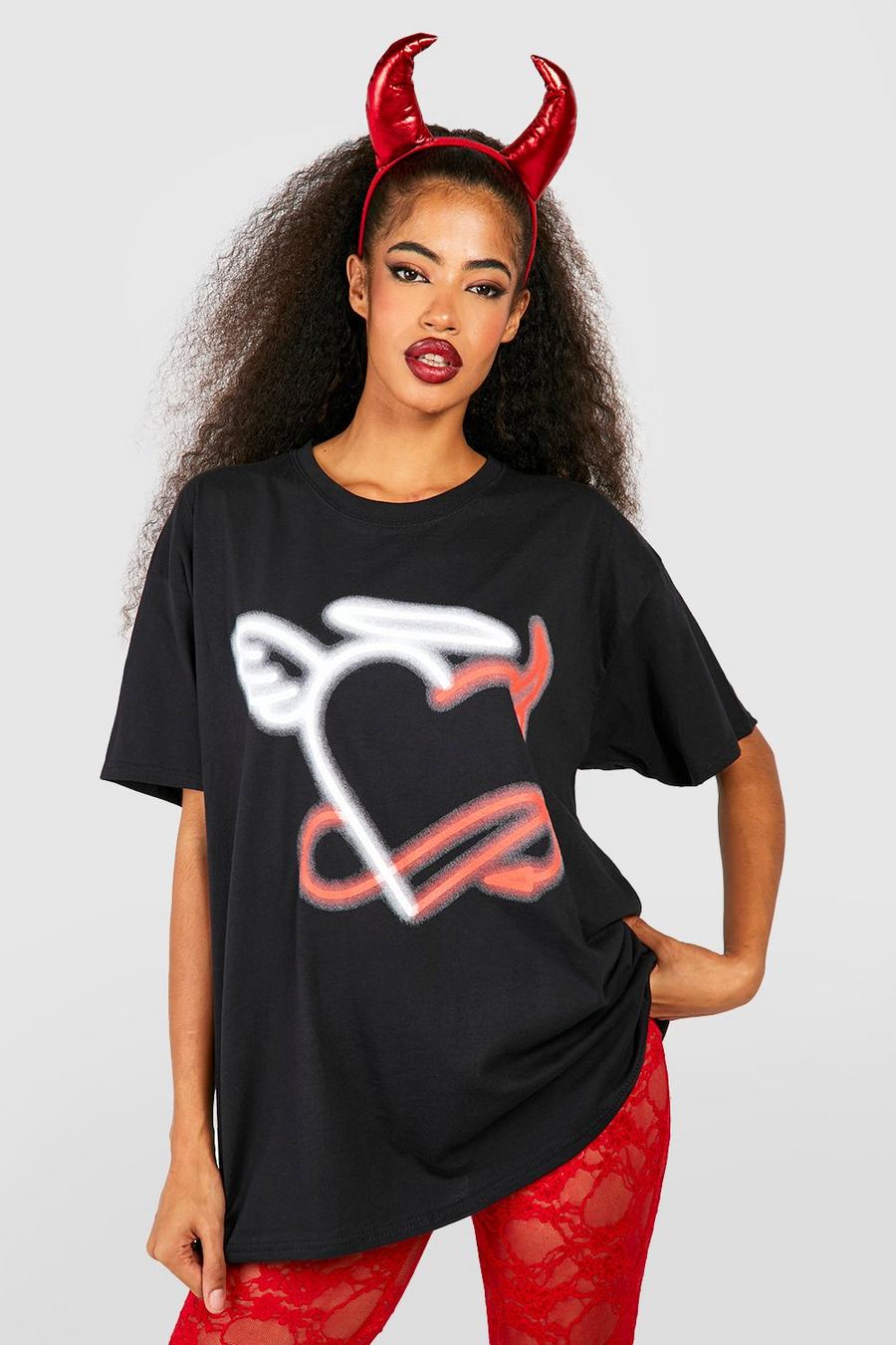 Black Halloween Angel And Devil Heart Back Print Oversized T-shirt