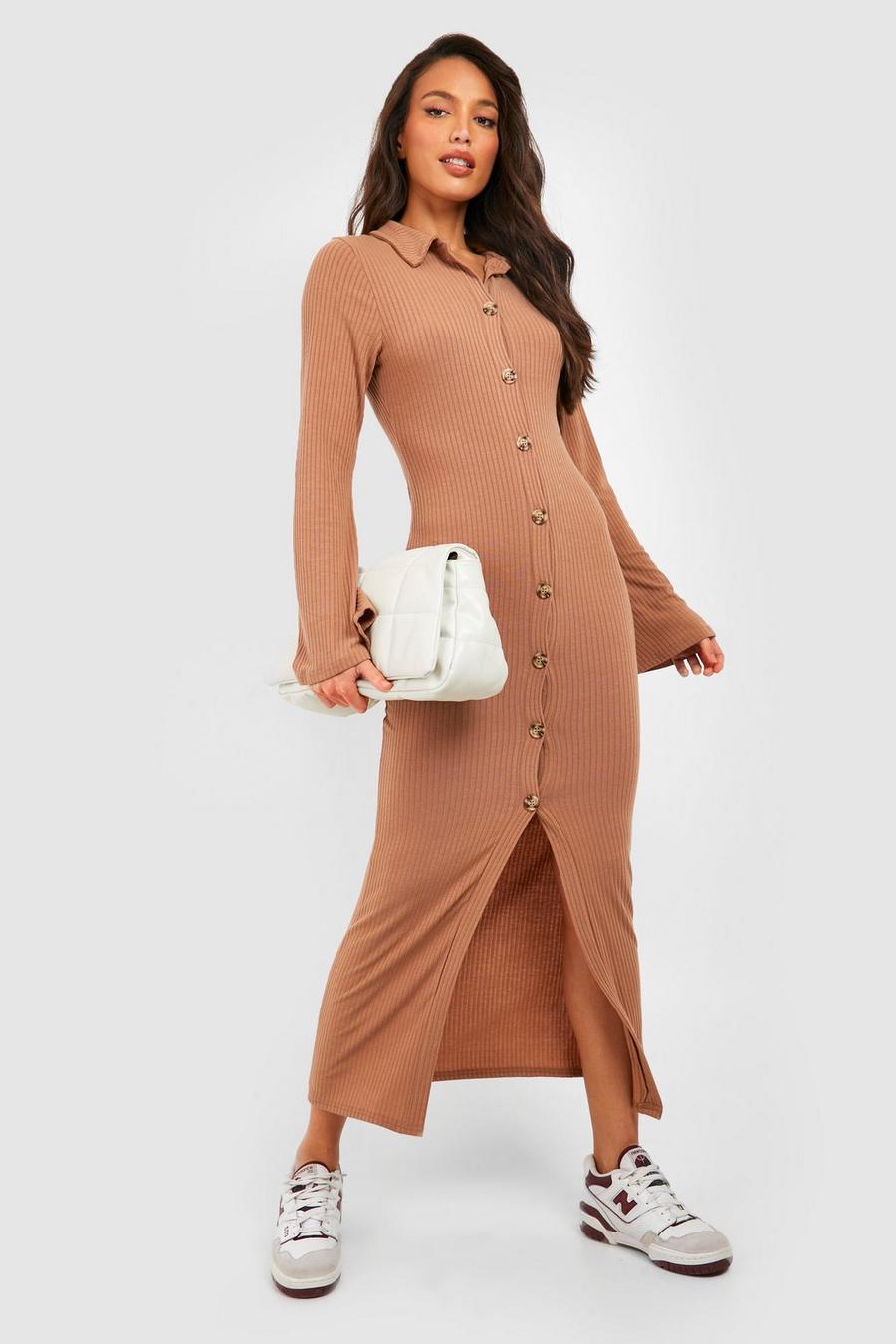 Stone Tall Knitted Rib Flare Sleeve Button Down Midaxi Dress