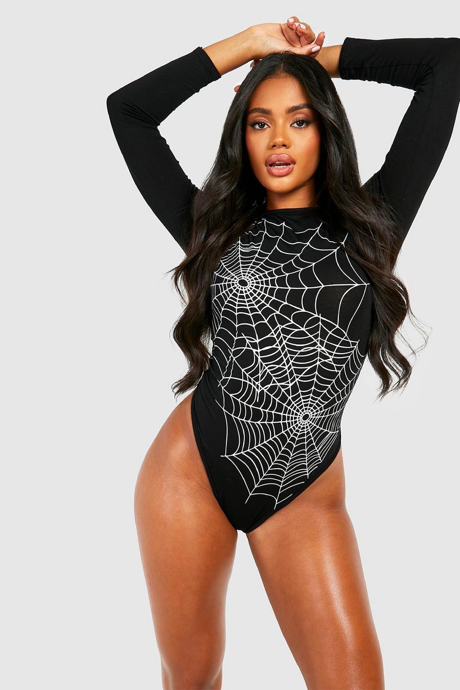 Black Halloween Web Print Bodysuit 