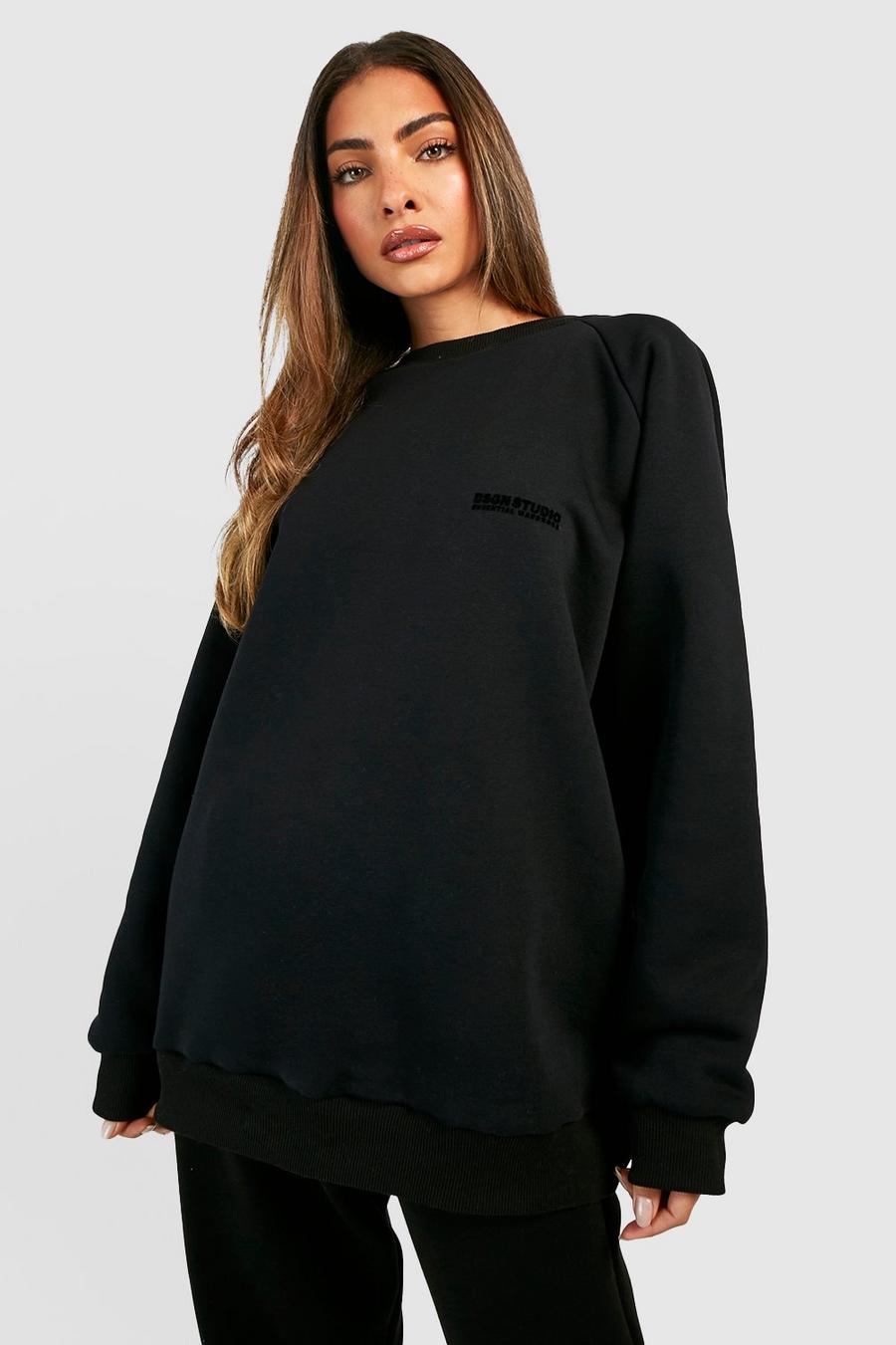 Premium Oversize Pullover mit Flocked Slogan, Black