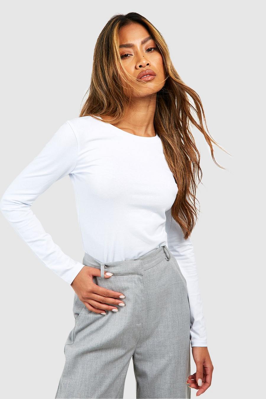White Long Sleeve Basic Crew Neck Jersey Fitted Tshirt