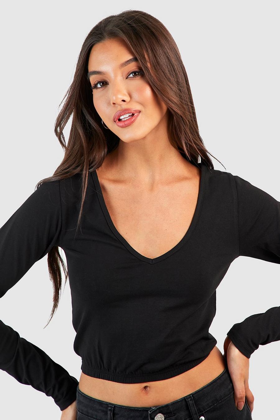 Black Long Sleeve Basic Jersey Knit V Neck Crop Top