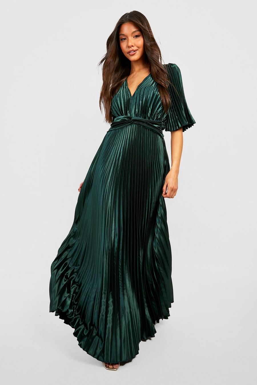 Emerald Satin Pleated Angel Sleeve Maxi Dress