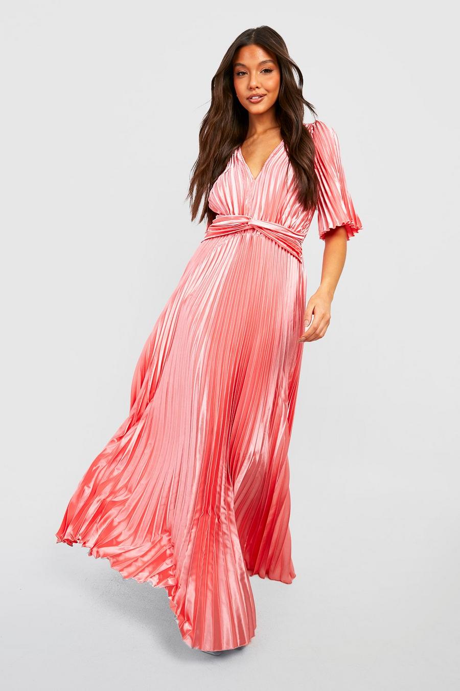 Rose Satin Pleated Angel Sleeve Maxi Dress