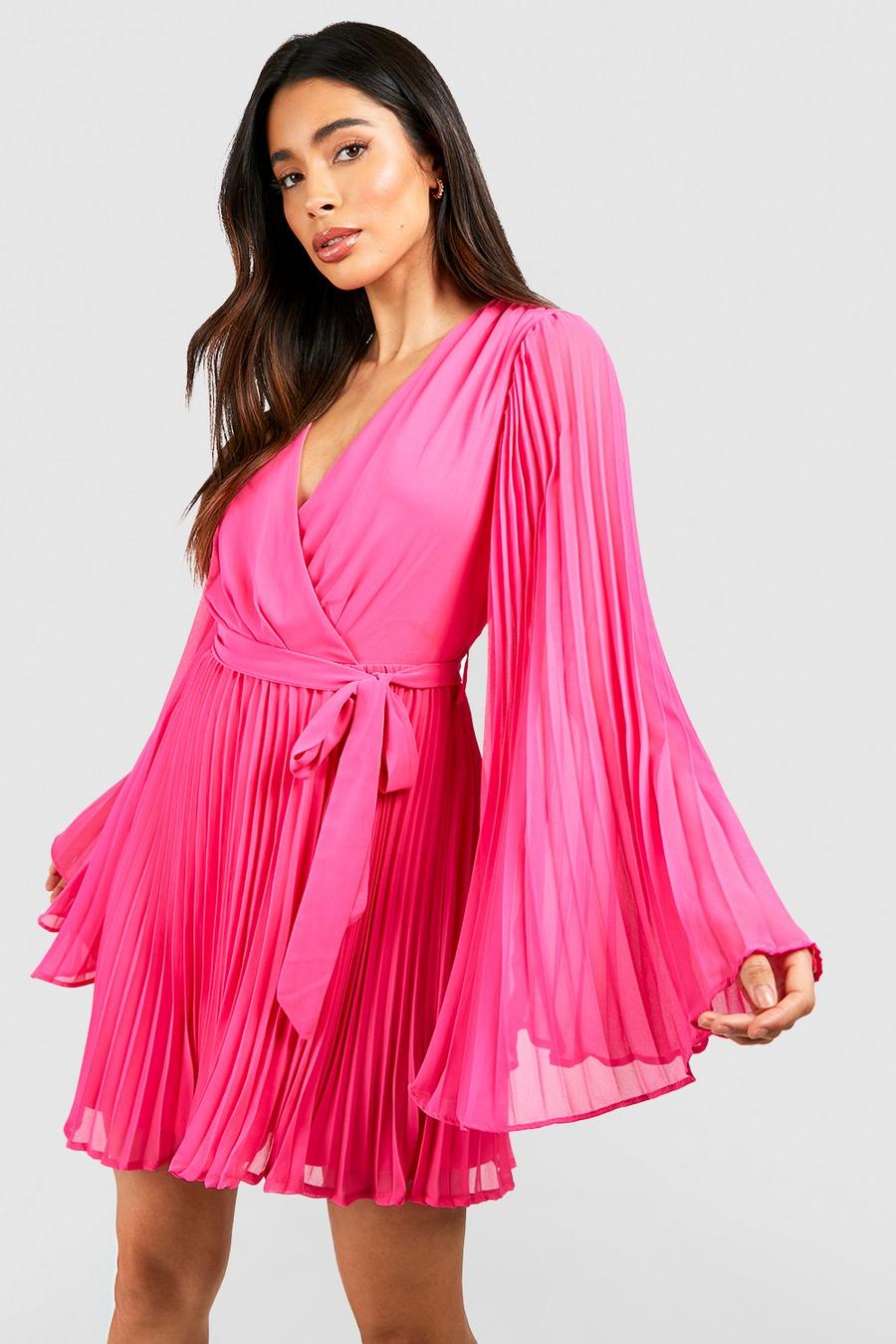 Hot pink Chiffon Pleated Wrap Skater Dress