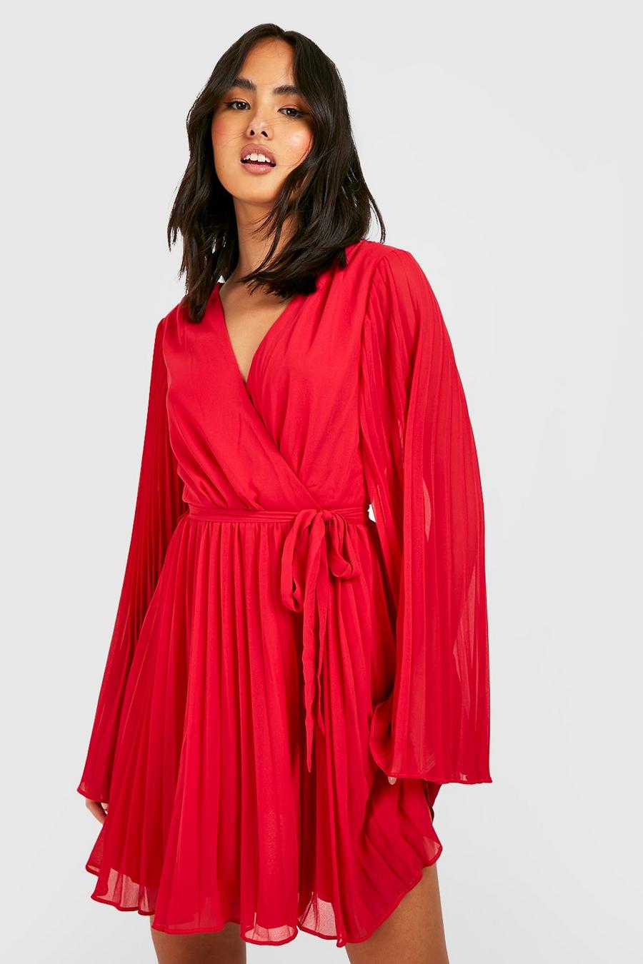 Red Chiffon Pleated Wrap Skater Dress