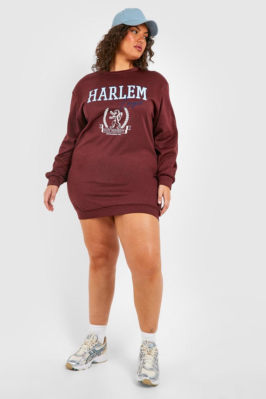 Vestido sudadera Plus oversize con hombreras y estampado Harlem, Wine