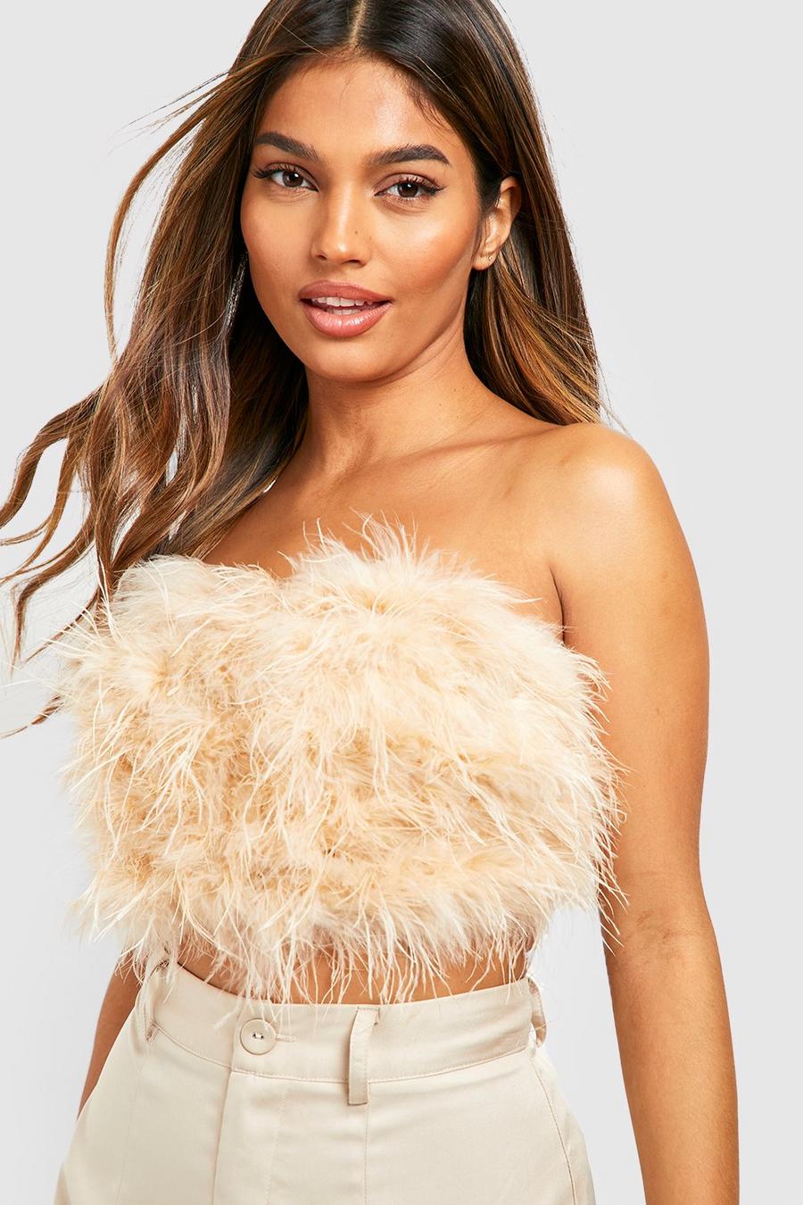 Champagne Feather Bandeau Crop Top