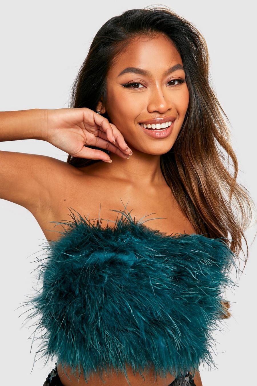 Top crop palabra de honor con plumas, Teal