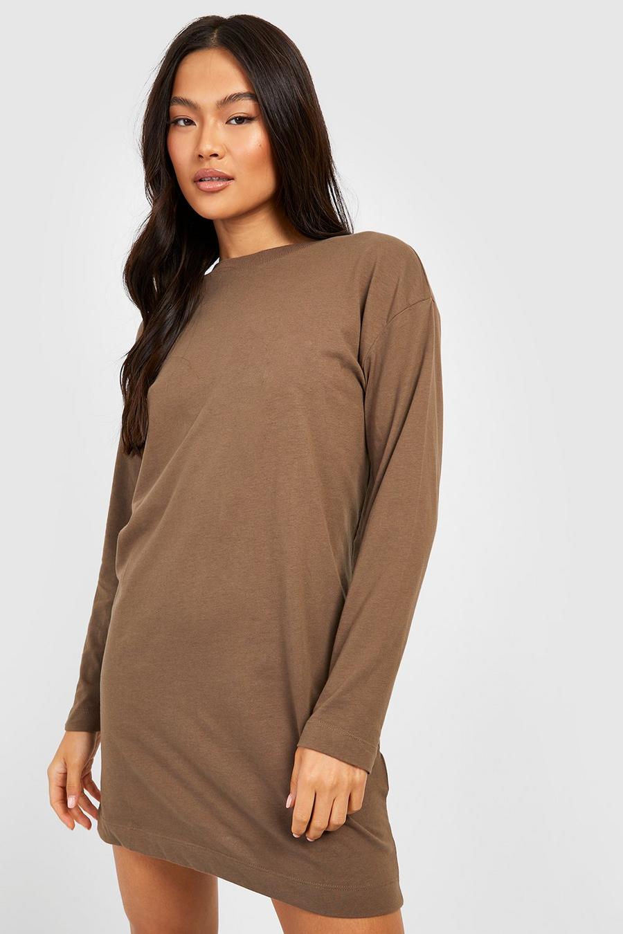 Khaki Basic Long Sleeve T-shirt Dress