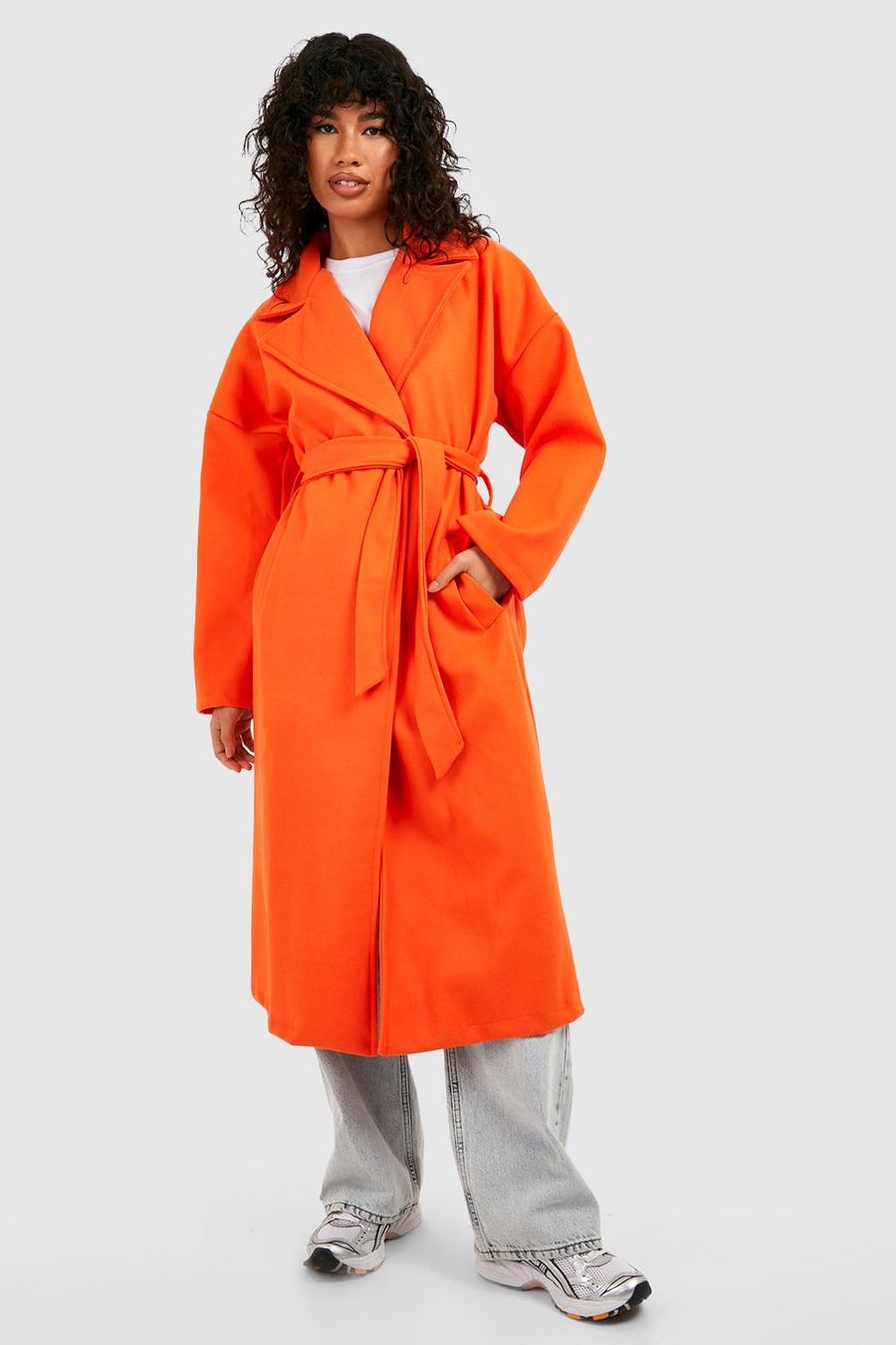 Cappotto super oversize in lana con trama e cintura, Orange