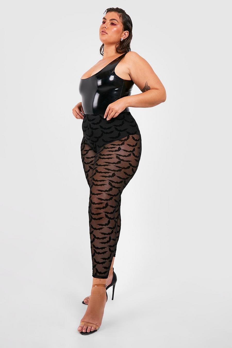 Grande taille - Legging en mesh à imprimé chauve-souris - Halloween, Black image number 1