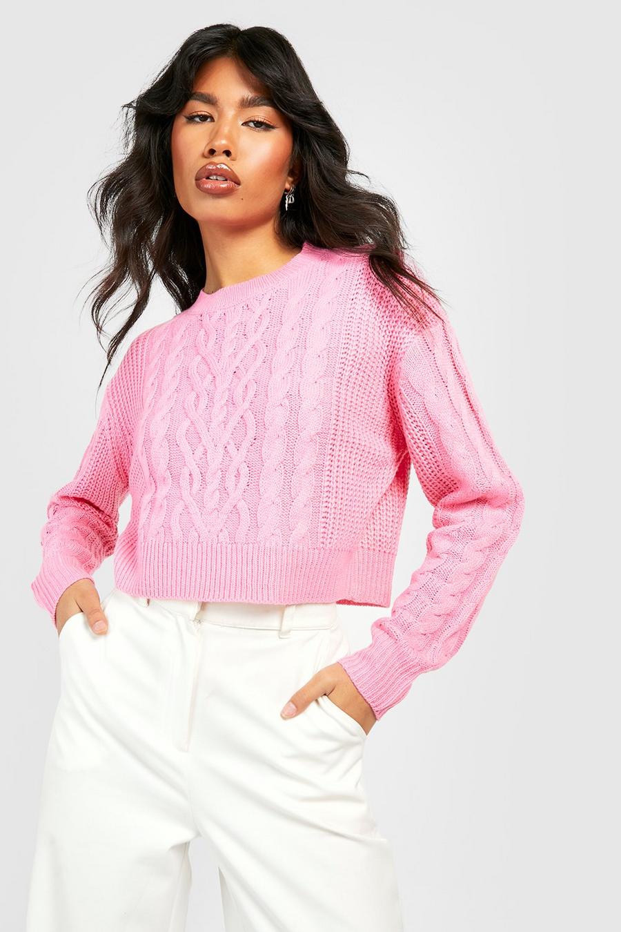 Kurzer Zopfmuster-Pullover, Pink